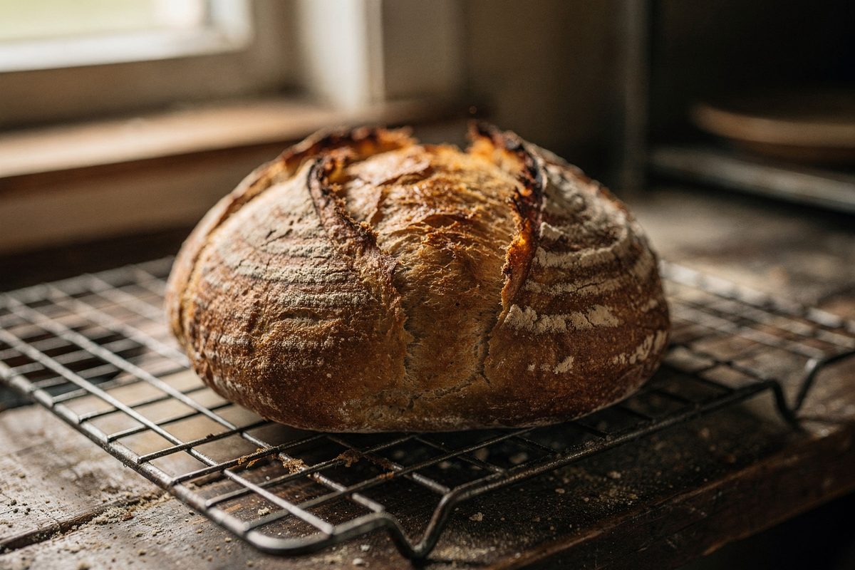 Scored sourdough loaf cooling on a wire rack